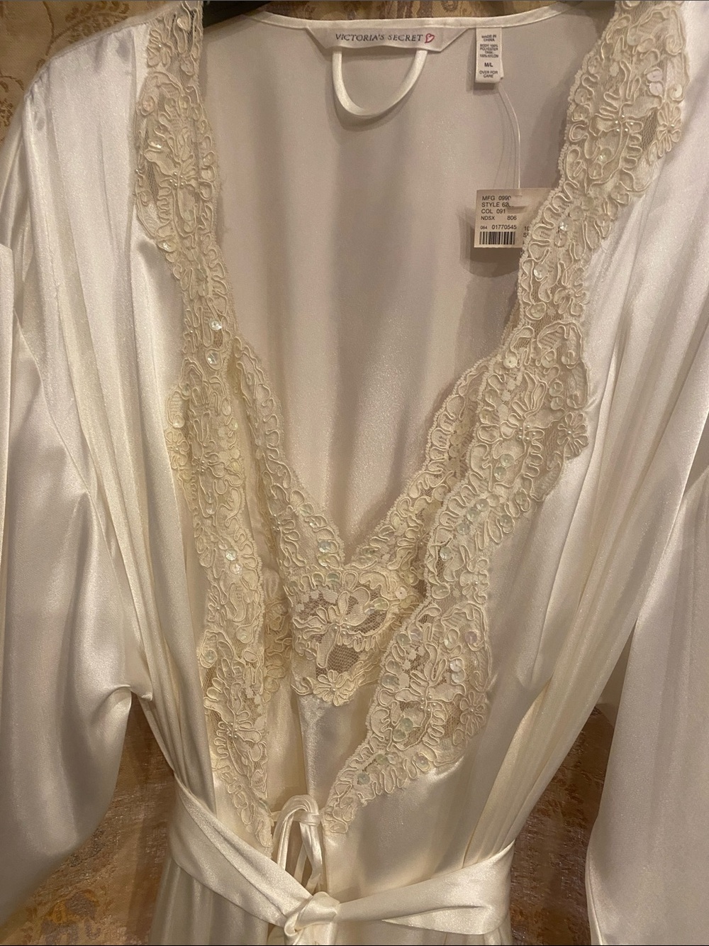 Victoria's Secret Ivory Satin Robe with Lace Trim